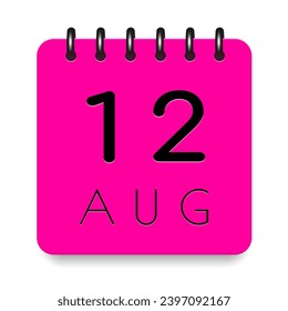 12 day of the month. August. Pink calendar daily icon. Black letters. Date day week Sunday, Monday, Tuesday, Wednesday, Thursday, Friday, Saturday. Cut paper. White background. Vector illustration.