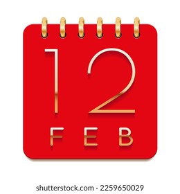 12 day of the month. February. Luxury calendar daily icon. Date day week Sunday, Monday, Tuesday, Wednesday, Thursday, Friday, Saturday. Gold text. Red paper. Vector illustration.