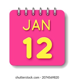 12 day of the month. 12 January. Cute calendar daily icon. Date day week Sunday, Monday, Tuesday, Wednesday, Thursday, Friday, Saturday.