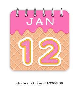 12 day of a month. January. Waffle cone calendar with melted ice cream. 3d daily icon. Date. Week Sunday, Monday, Tuesday, Wednesday, Thursday, Friday, Saturday. White background Vector illustration