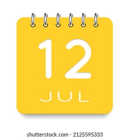 12 day of the month. July. Cute yellow calendar daily icon. Date day week Sunday, Monday, Tuesday, Wednesday, Thursday, Friday, Saturday. Cut paper. White background. Vector illustration.