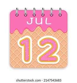 12 day of the month. July. Waffle cone calendar with melted ice cream. 3d daily icon. Date. Week Sunday, Monday, Tuesday, Wednesday, Thursday, Friday, Saturday. White background. Vector illustration.