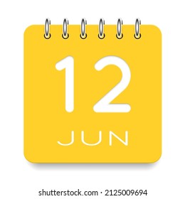 12 días del mes. Junio. Icono de calendario amarillo lindo diario. Fecha día semana domingo, lunes, martes, miércoles, jueves, viernes, sábado. Corta papel. Fondo blanco. Ilustración vectorial.