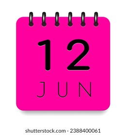 12 day of the month. June. Pink calendar daily icon. Black letters. Date day week Sunday, Monday, Tuesday, Wednesday, Thursday, Friday, Saturday. Cut paper. White background. Vector illustration.