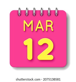 12 day of the month. 12 March. Cute calendar daily icon. Date day week Sunday, Monday, Tuesday, Wednesday, Thursday, Friday, Saturday.