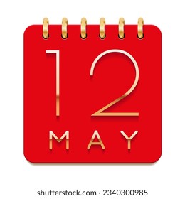 12 day of the month. May. Luxury calendar daily icon. Date day week Sunday, Monday, Tuesday, Wednesday, Thursday, Friday, Saturday. Gold text. Red paper. Vector illustration