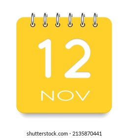 12 day of the month. November. Cute yellow calendar daily icon. Date day week Sunday, Monday, Tuesday, Wednesday, Thursday, Friday, Saturday. Cut paper. White background. Vector illustration.