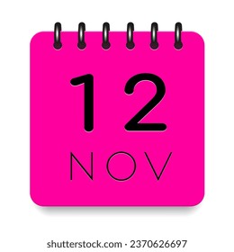 12 day of the month. November. Pink calendar daily icon. Black letters. Date day week Sunday, Monday, Tuesday, Wednesday, Thursday, Friday, Saturday. Cut paper. White background. Vector illustration.