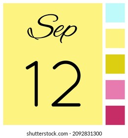 12 day of the month. September. Cute calendar daily icon. Date day week Sunday, Monday, Tuesday, Wednesday, Thursday, Friday, Saturday.