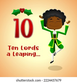 The 12 Days Of Christmas - 10Th Day - Ten Lords A Leaping. Vector Flat Design Illustration With Background And Text