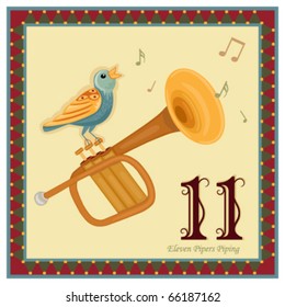 The 12 Days of Christmas - 11-th Day - Eleven Pipers Piping.  Vector illustration saved as EPS AI 8, no gradients no effects, easy print.