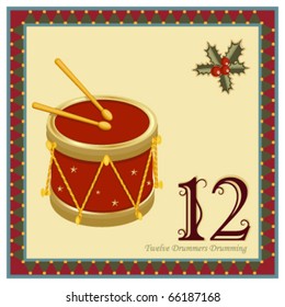 The 12 Days of Christmas - 12-th Day - Twelve Drummers Drumming Vector illustration saved as EPS AI 8, no effects, easy print.