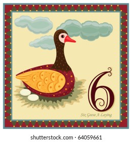 The 12 Days of Christmas - 6th Day - Six Geese A Laying   Vector illustration saved as EPS AI 8, no gradients, no effects, easy print.