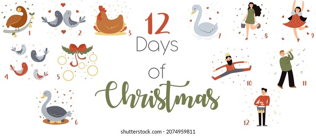 12 Days Of Christmas Birds Bells People Dancing Friends Have Fun New Year Confetti Gifts Tree Music Love Comfort Home Family