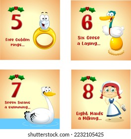 The 12 Days of Christmas Flat Design. Vector Collection Set Isolated On Transparent Background