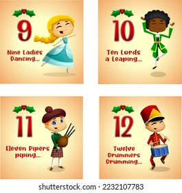 The 12 Days of Christmas Flat Design. Vector Collection Set Isolated On Transparent Background