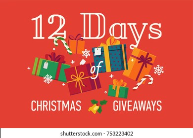 '12 Days of Christmas Giveaways' vector banner or header image template with red background, different gift and present boxes, candy canes and snowflakes