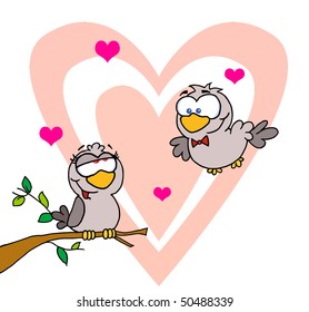 12 Days Of Christmas. Two Turtle Doves By A Branch In Front Of A Big Heart 