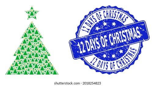 12 Days of Christmas unclean round seal imitation and vector recursive mosaic christmas tree. Blue stamp seal includes 12 Days of Christmas text inside round shape.