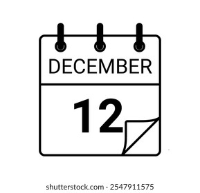 12 December calendar icon text page monthly web design on black and white background vector, icon, or illustration with the month of December 12