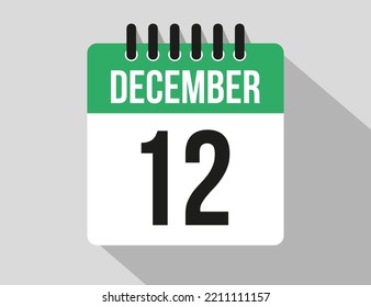 icono vectorial del calendario 12 de diciembre. Fecha de diciembre verde para los días del mes y la semana