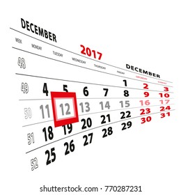 12 December highlighted on calendar 2017. Week starts from Monday. Vector Illustration.