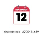 12 December month single day vector, illustration, calendar with red, black and white color background calendar icon of December 12