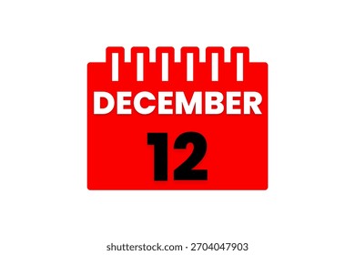 12 Diciembre mes Vector de un solo día, ilustración, calendario con rojo, negro y blanco color de fondo icono de calendario del 12 de diciembre