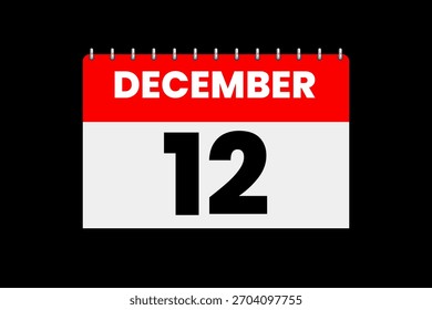 12 December month single day vector, illustration, calendar with red, off-white and black color background calendar icon of December 12