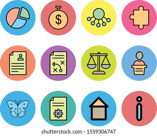 12 decent icon sheet of universal. pie charts, tactics document, butterfly, dollar time.
