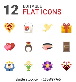 12 decoration flat icons set isolated on white background. Icons set with Quilling, paint bucket, Origami, love, handmade Jewelry, gift, celebration, bouquet, Floral design icons.
