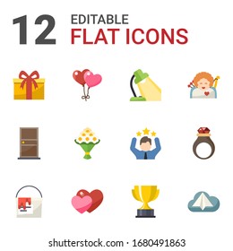 12 decoration flat icons set isolated on white background. Icons set with gift, balloons, Table lamp, door, bouquet, cupid angel, paint bucket, love, reward, Origami, handmade Jewelry icons.