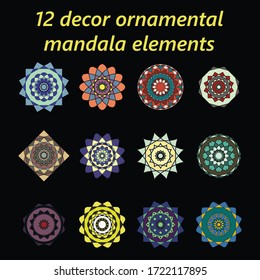 12 conjuntos decorativos de elementos de mandala étnica vectorial conjunto de formas orientales 