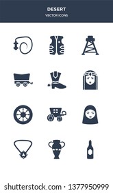 12 desert vector icons such as alcohol bottle, amphora, amulet, arab, carriage contains cart wheel, cleopatra, cowboy boot, cowboy cart, cowboy tower, vest icons