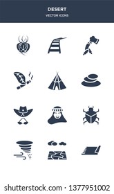 12 desert vector icons such as rug, salty desert, sandstorm, scarab, sheik contains sheriff hat, stone, tepee, tobacco, tomahawk, train rails icons
