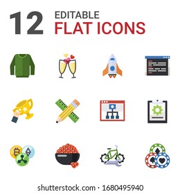 12 design flat icons set isolated on white background. Icons set with jumper, champagne, spaceship, success, Pencil & ruler, coding, Cryptocurrency, caviar, bike repair service icons.