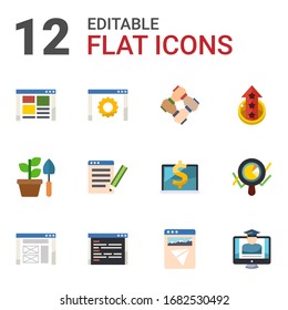 12 Development Flat Icons Set Isolated On White Background. Icons Set With Front End, Software, Start-up Team, Gardening, SEO Copywriting, Level Up, Wireframe, Coding, Landing Page Icons.