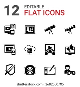 12 device filled icons set isolated on white background. Icons set with Payment Processor, Distance teacher, telescope, Adaptive Streaming, e-Book, Astronomy, RPG, ASIC Miner icons.