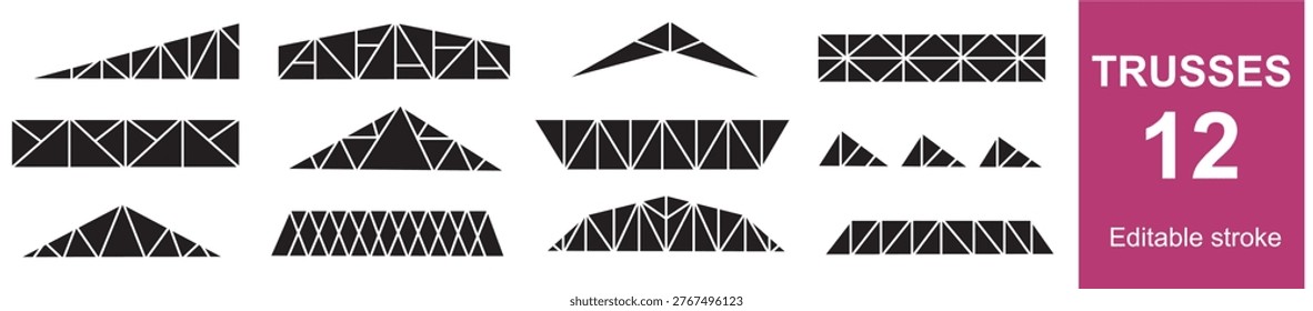 12 different black silhouettes of structural trusses for architectural and civil engineering design