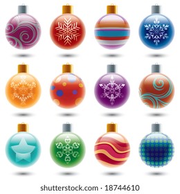 12 different christmas ornaments.