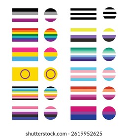12 diferentes banderas de género y Orientación en forma rectangular y redonda pegatinas o insignias. Dibujado a mano conjunto de Ilustración vectorial aislada.
