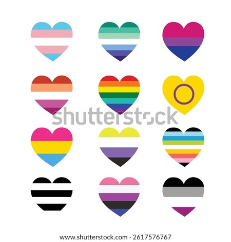 12 different heart shape queer, gay and gender fluid flags. Hand drawn isolated on white vector illustrations