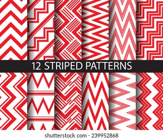 12 different red and white stripes patterns,  Pattern Swatches, vector, Endless texture can be used for wallpaper, pattern fills, web page,background,surface