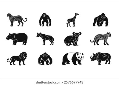 12 different wild life animals silhouette vector on white background.