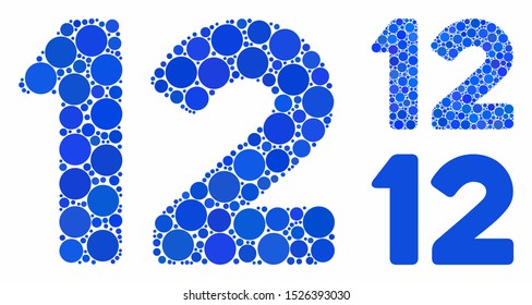 12 digits text composition for 12 digits text icon of filled circles in variable sizes and color tinges. Vector small circles are organized into blue composition.