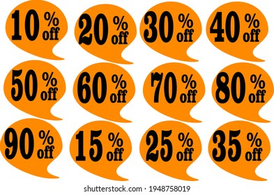 12 Discount balloons vector 10 20 30 40 50 60 70 80 90 15 25 35 with orange background and black letters