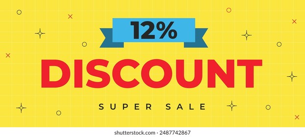 12% discount banner. Twelve percent off sale banner template design. Promotion poster template with super sale. Vector Illustration.