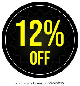 12% discount tag, black and yellow round shape, perfect for marketing promotions and retail sales