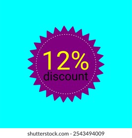 12% etiqueta de desconto. Rótulo roxo e amarelo. Promoções de lojas, vendas de comércio online. Doze por cento de desconto.