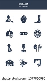 12 diseases vector icons such as influenza, interstitial cystitis, iritis, iron-deficiency anemia, irritable bowel syndrome contains jaundice, keloids, kidney disease (chronic kidney disease),